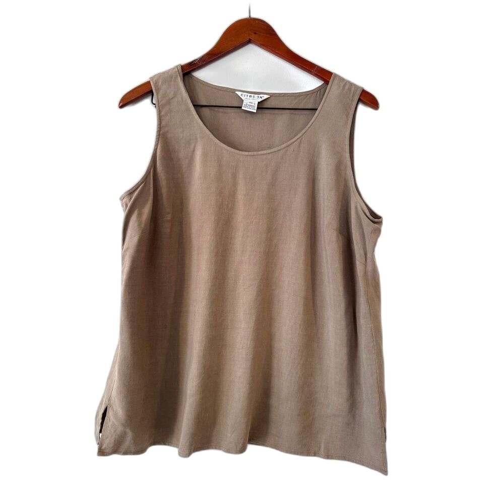 Citron Santa Monica Women 0X Taupe Tank Top 70% Silk 30% Linen Sleeveless